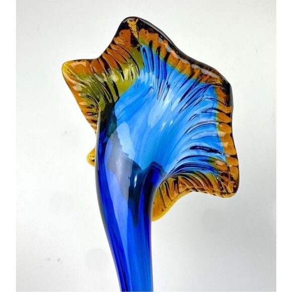 Hand Blown Art Glass Blossum Holder Cobalt Blue Orange Lay Down Flower Vase DW18 - Picture 4 of 7